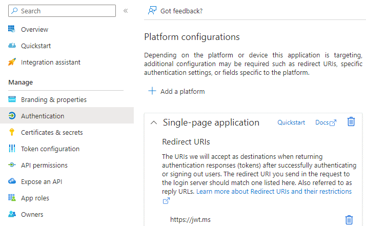 App registration redirect URI