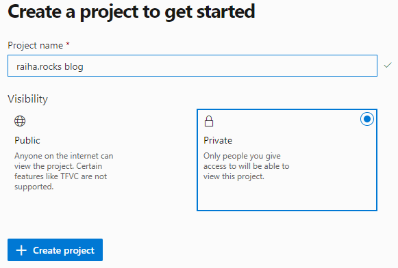 Azure DevOps ja uusi projekti