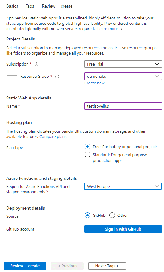Azure Static Web Apps Create 2