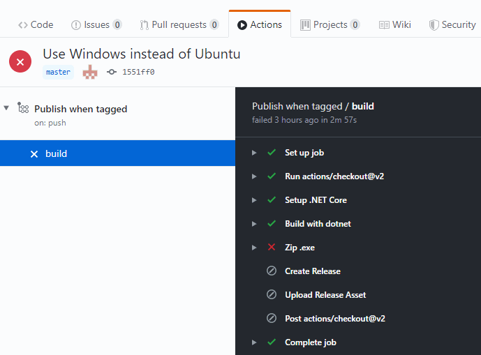 GitHub ja Actions epäonnistui
