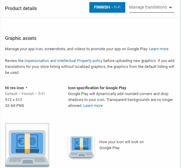 Google Play sovelluksen graafiset tiedostot
