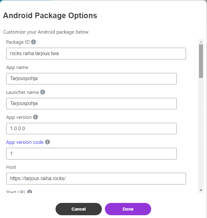 PWA Builder options