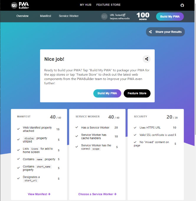PWA Builderin tekemä tarkistus