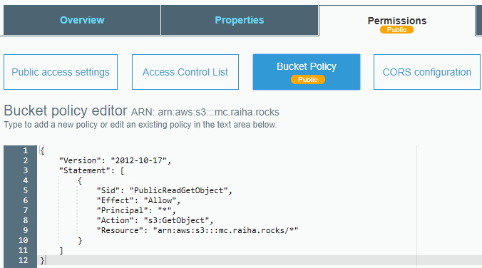 Bucket Policy -asetukset