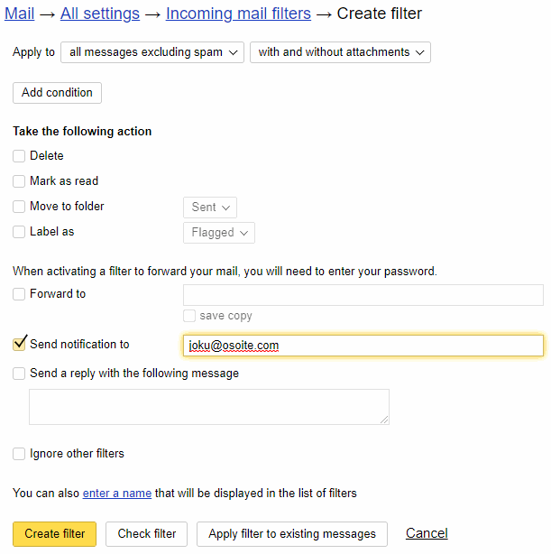Yandex.Mail uusi filtteri